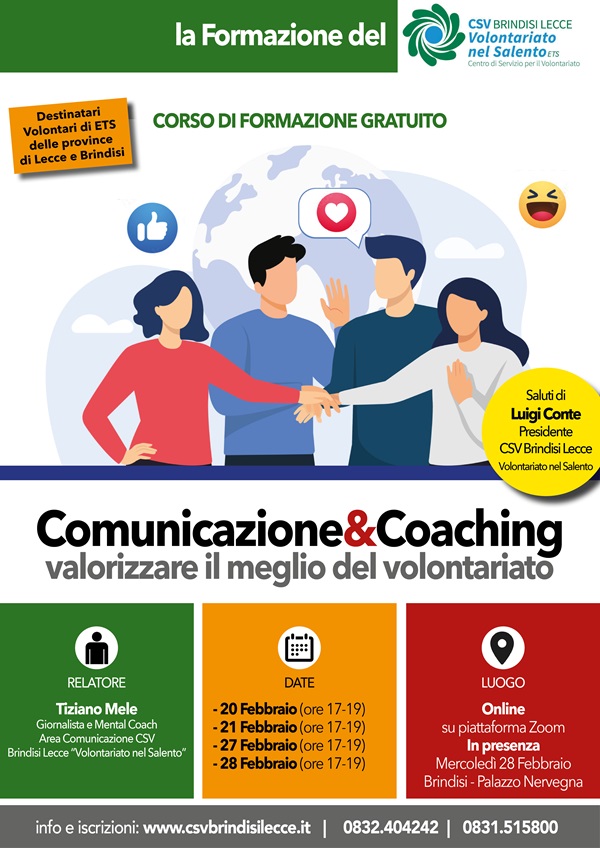 “Comunicazione e Coaching”, arriva il corso gratuito  del CSV Brindisi Lecce Volontariato nel Salento-ets per valorizzare al meglio le risorse del Terzo Settore